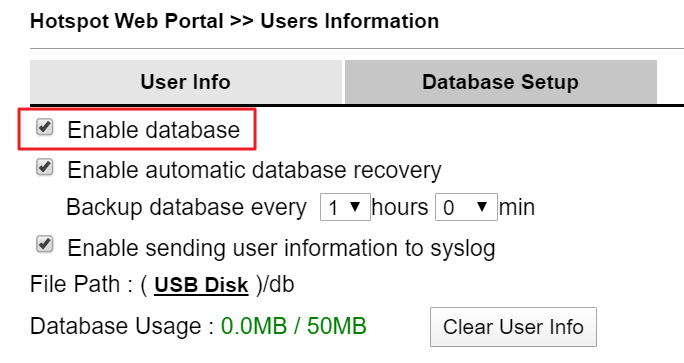 connect a USB disk and enable user database